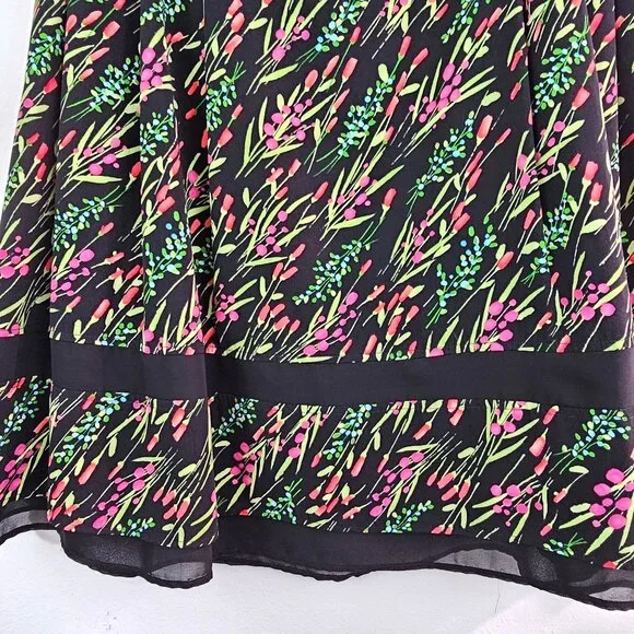 American Vintage Floral Garden Midi Skirt Sz 12 Black Pink Trim Casual Work Boho - Picture 6 of 10